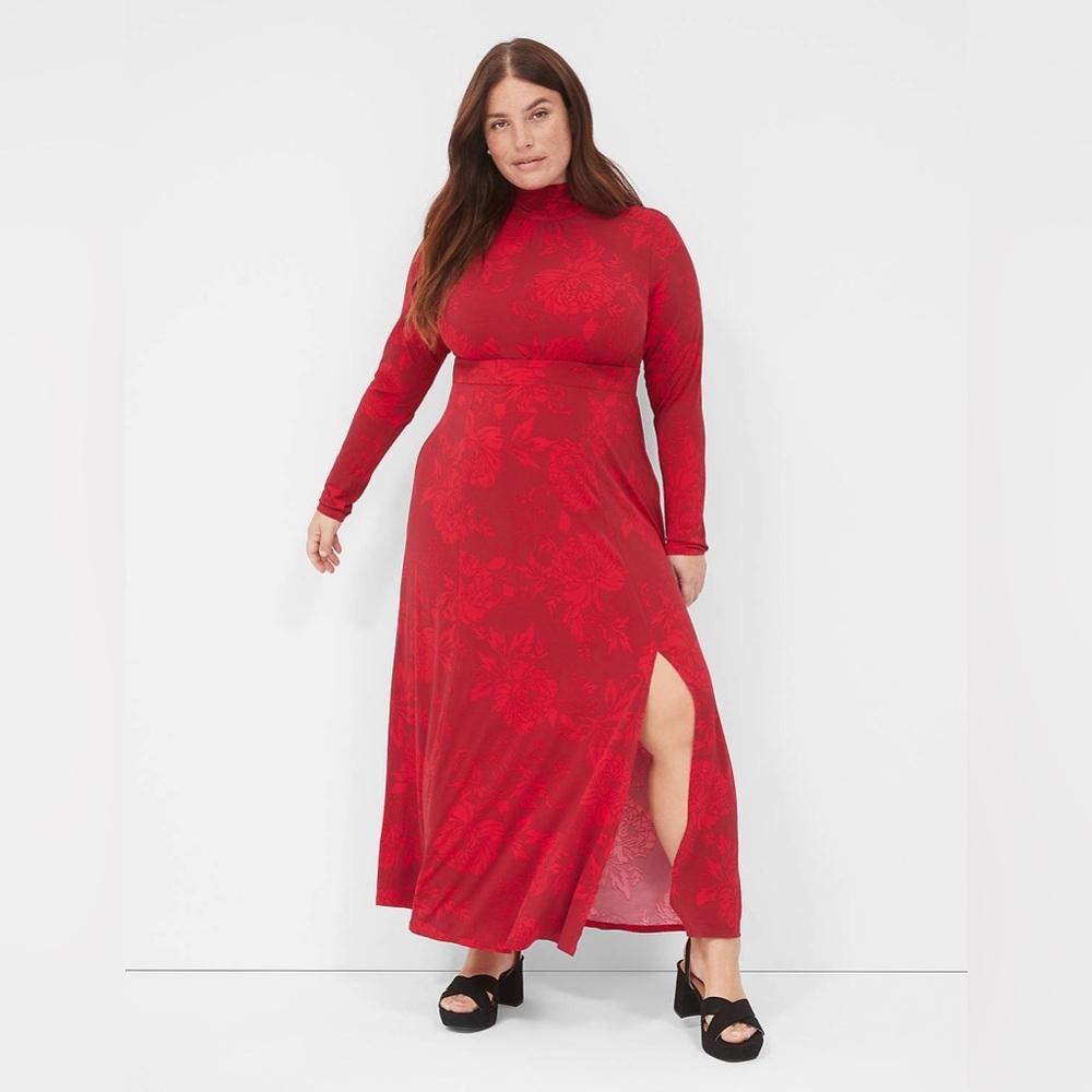 Lane Bryant red floral long sleeve dress tie neck jersey maxi women’s size 22/24